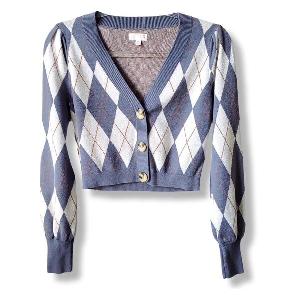Women Cropped Argyle Gray Cream Cardigan Sweater XS Academia Preppy Retro - Picture 1 of 9